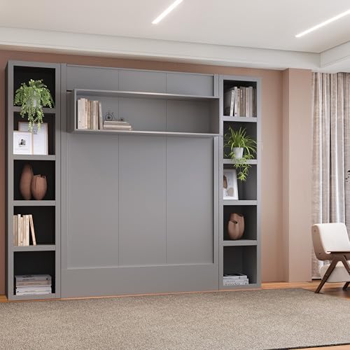 Oakland Living Easy-Lift Queen Murphy Wall Bed in Brown Wood Grain with Two Bookshelves