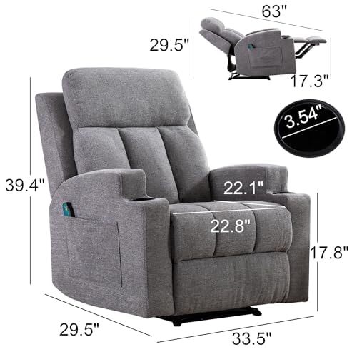 Phoenix Home Manual Recliner Chair with Massage and Heat Ergonomic Overstuffed Breathable Fabric Reclining Chair with 2 Side Pockets, 2 Cup Holders, Remote Control, Living Room, Bedroom, Gray