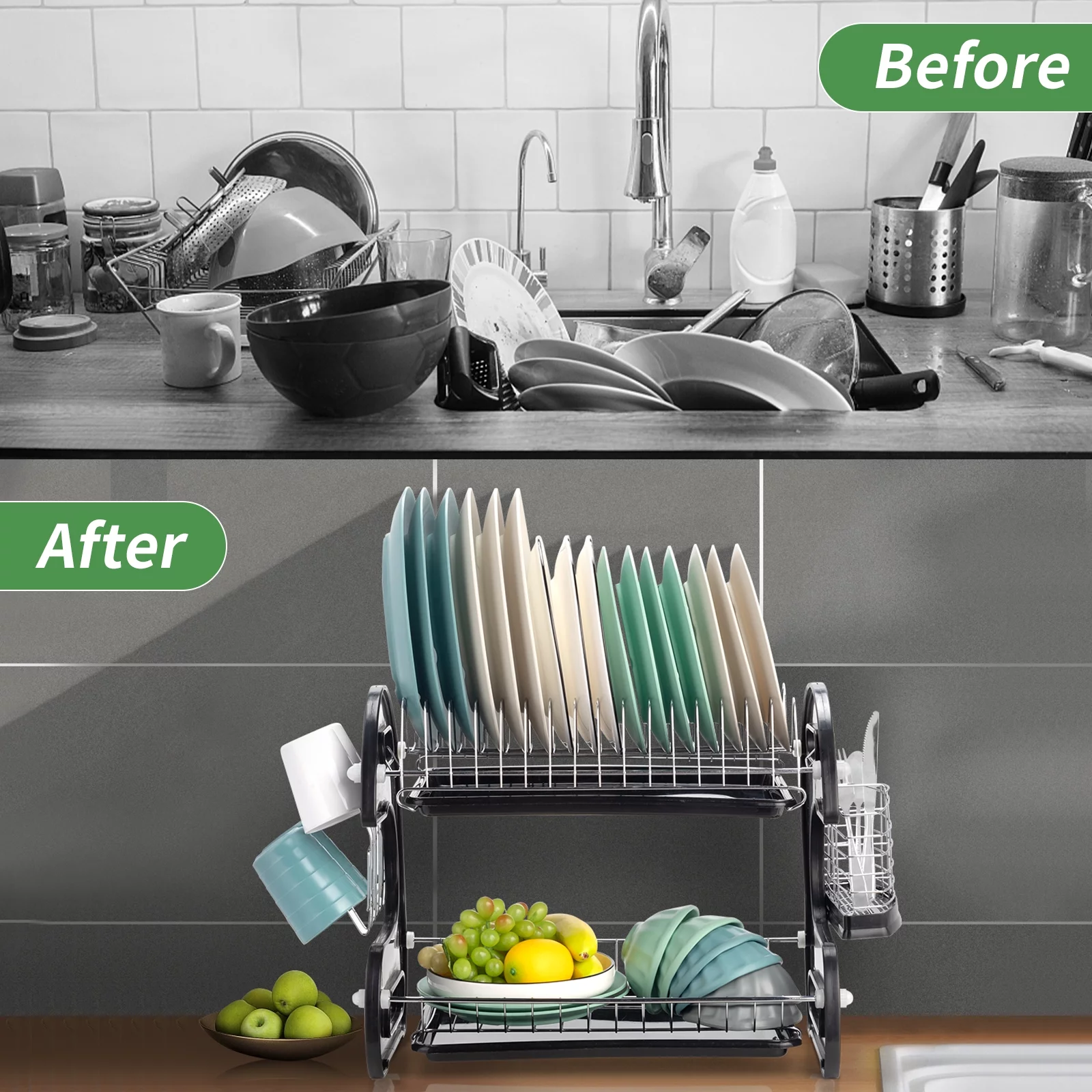 UBesGoo Home Basics Dish Plastic Drainer Washing Dryer, 2-Tier, Black