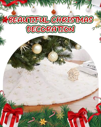 Christmas Tree Skirt 48 Inches, Faux Fur White Tree Skirt with Gloden Snowflakes, Soft Thick Christmas Tree Mat for Xmas Tree Decor, Large Tree Skirts for New Year Merry Christmas Tree Decorations