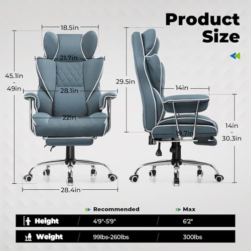 COMHOMA Big and Tall Office Chair, High Back Leather Gaming Chair with Footrest, Executive Ergonomic Office Chair with Pocket Spring Lumbar Support and with Outward Fixed Soft Armrests
