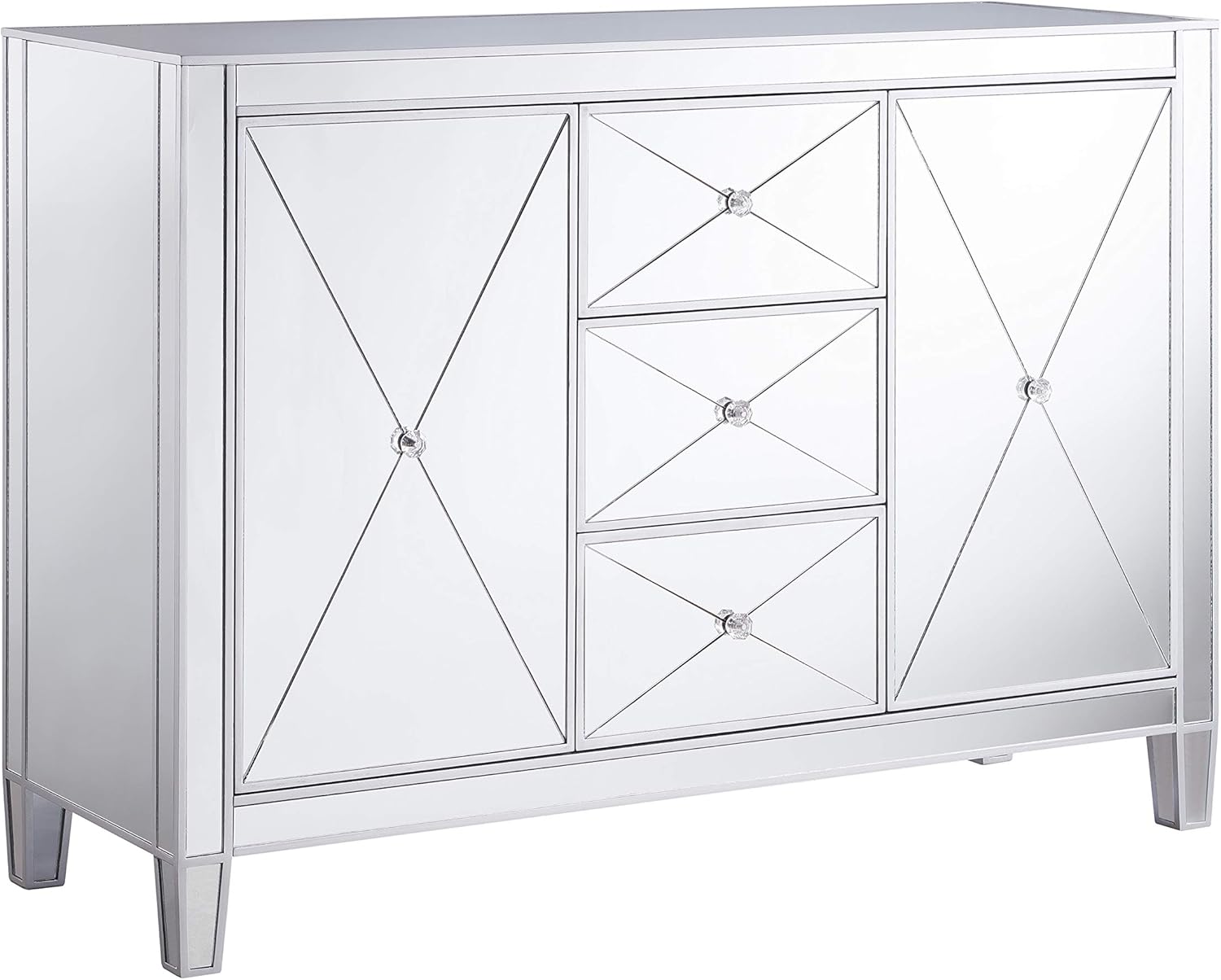 SEI Furniture Mirage Mirrored 3 Drawers, Faux Crystal Knobs, and Matte Silver Trim Cabinet