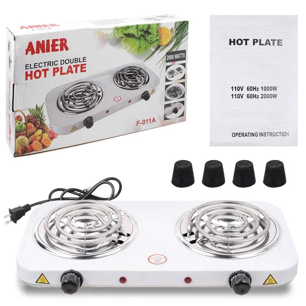 Double Hot Plate for Cooking, Sanheshun Electric Double Burner, 2000w Portable Electric Stove Size 45 x 22 x 3.5cm