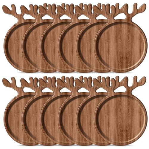 6 Pcs Christmas Appetizer Platter 12 Inch Cutting Board Acacia Serving Trays Wood Charcuterie Board Tray Snack Dessert Candy Dish Plate for Kitchen Gifts (Deer Antler,Rectangle)