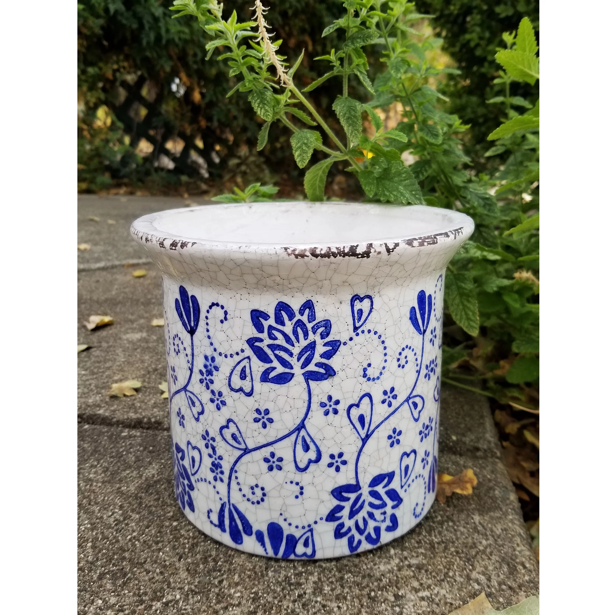 old world hand pressed blue and white ceramic flower print planter or pot with flared lip