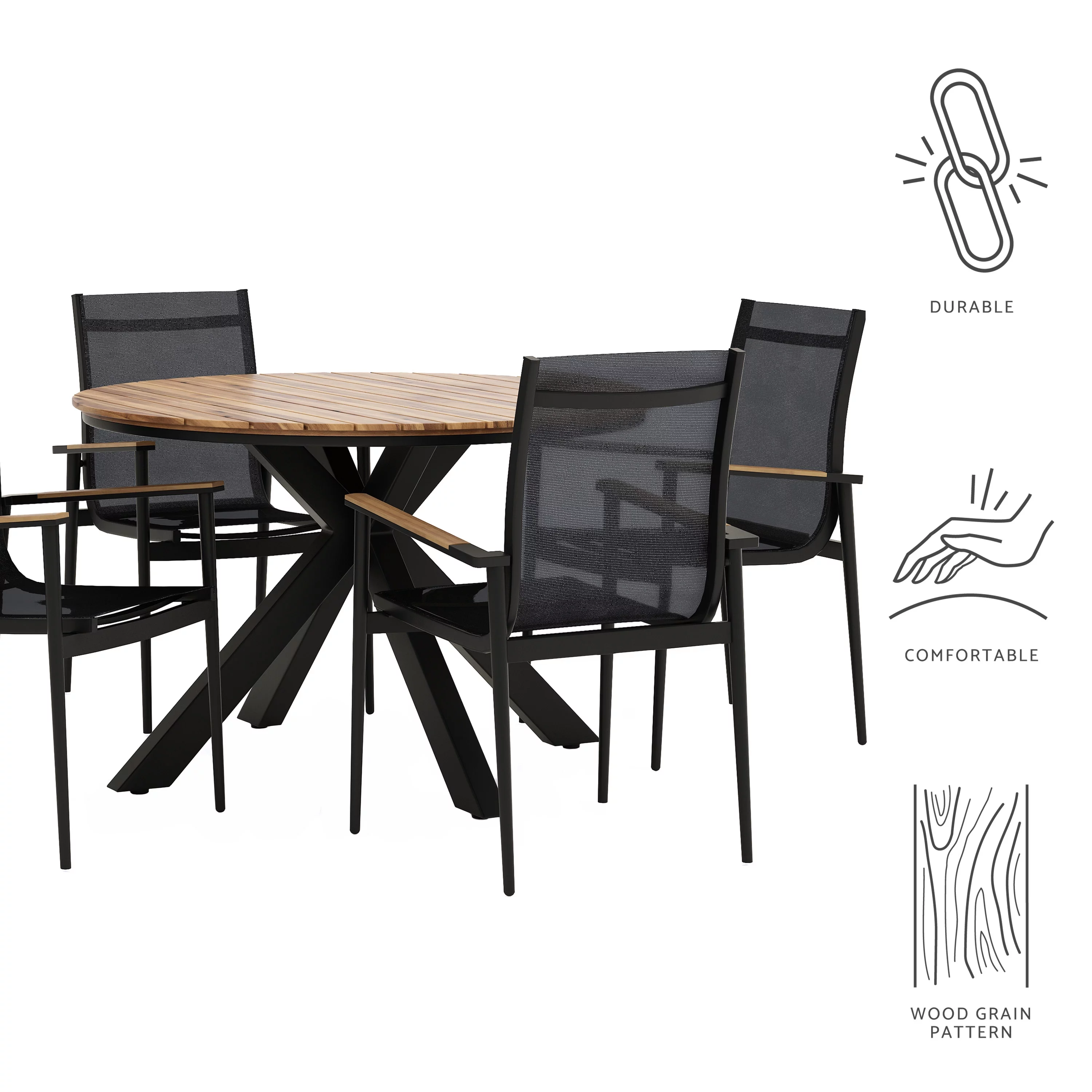 GDF Studio Norcrest Outdoor Mesh and Acacia Wood 5 Piece Dining Set, Black and Teak