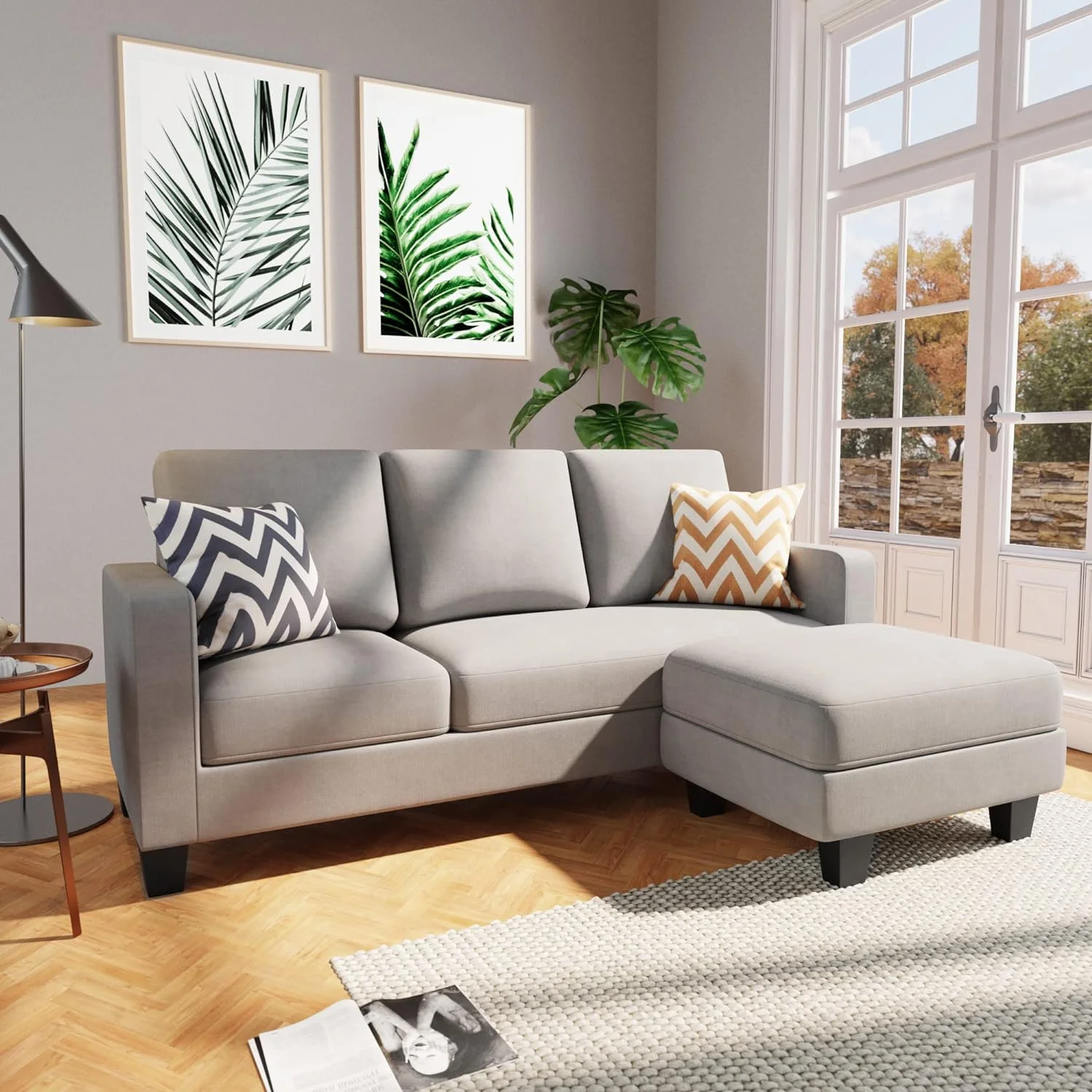 Convertible Sectional Sofa Couch, L Shaped 3-Seat Small Couch For Living Room With Ottoman Modern Fabric Reversible Chaise For Apartment And Small Space (Light Gray)