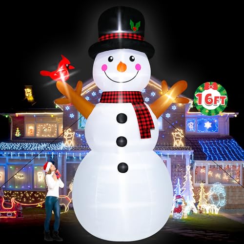 16FT Christmas Inflatable Snowman Outdoor Decorations, Giant Christmas Snowman, Holiday Blow Up Yard Decor with LED Lights, Waterproof & Sturdy for Lawn, Garden, Xmas Party