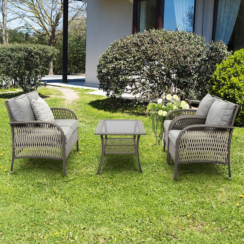 Superjoe Outdoor Furniture Sets 4 Pcs Patio Wicker Conversation Set Rattan Sofa with Coffee Table and Cushions, Gary