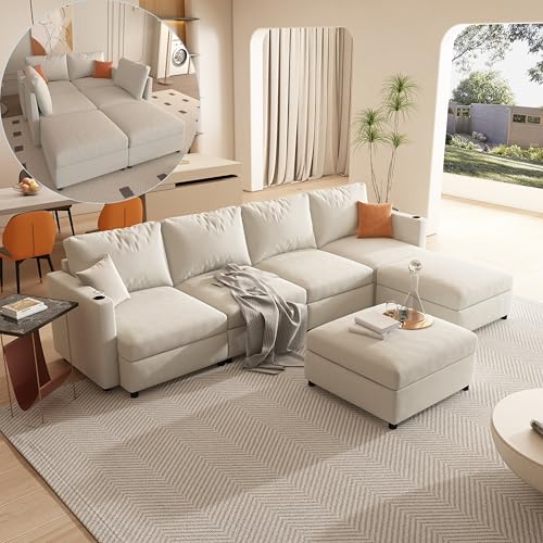 FANYE Oversized Chenille Upholstered Modular Storage Sectional Sofa Couch W/2 Movable Ottomans & Cupholders, U-Shaped Free Combined Sofa&Couch Convertible Sleeper Sofabed for Living Room