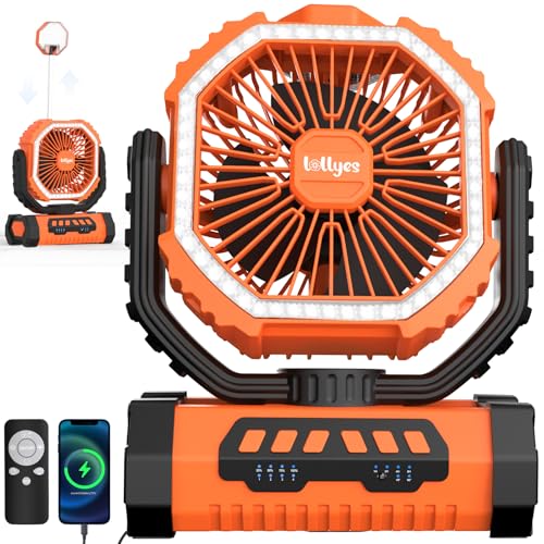 Camping Fan with Led Lantern, 20000mah Rechargeable Battery Portable Fan, 4 Speed with Remote, Auto Oscillation, 360° Rotation Hook, for Camping, Power Outage,Hurricane, Home (Orange)
