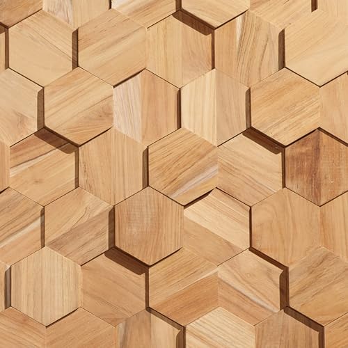 Teak UltraWood Hexagon Wall Panels in Natural - 3D Hexagonal Wall Covering for Feature Walls - Modern Peel-and-Stick Wallpaper Alternative - Easy DIY Installation - 25-Pack