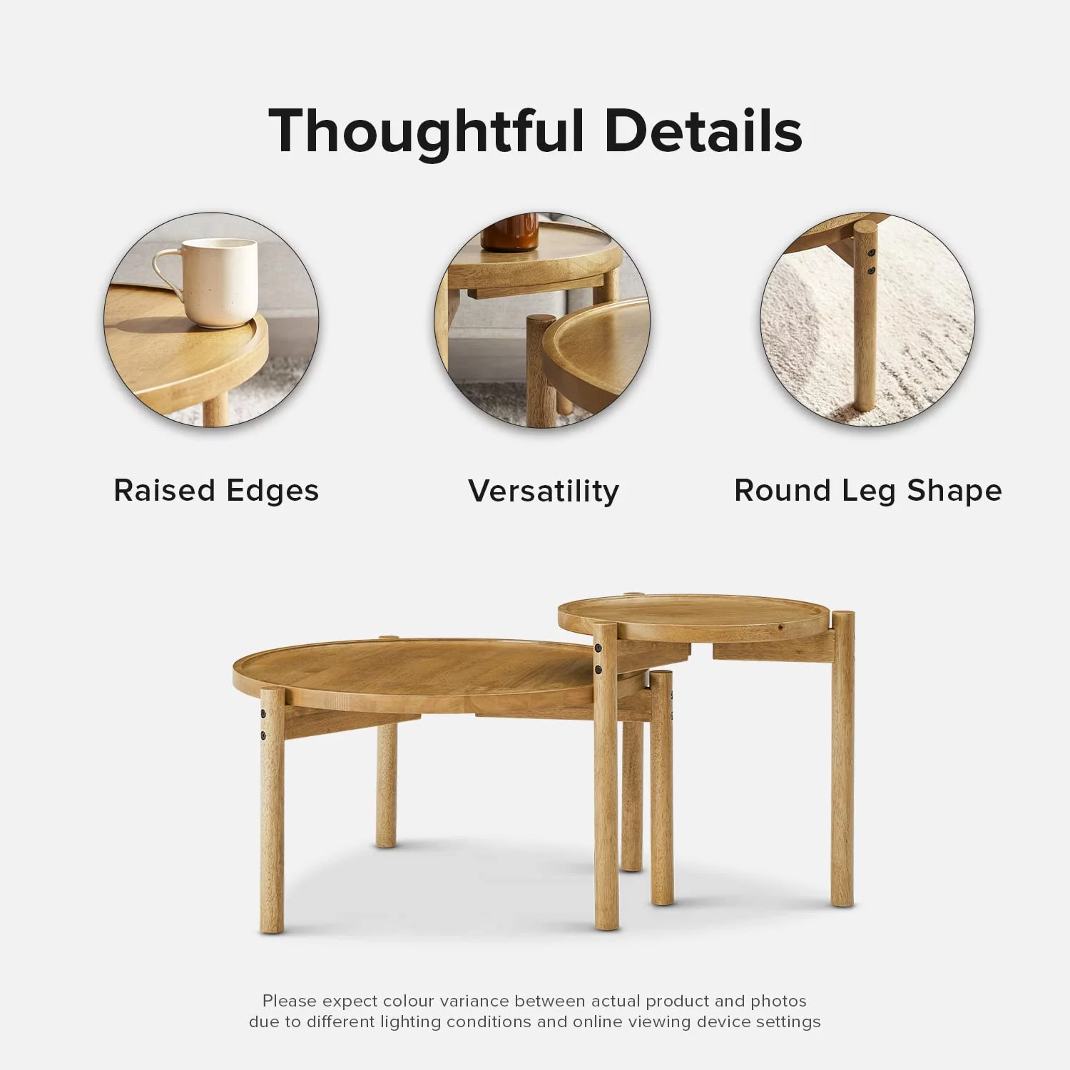 Mopio Dylan Round Modern Boho Nesting Coffee Table, Golden Brown Solid Wood