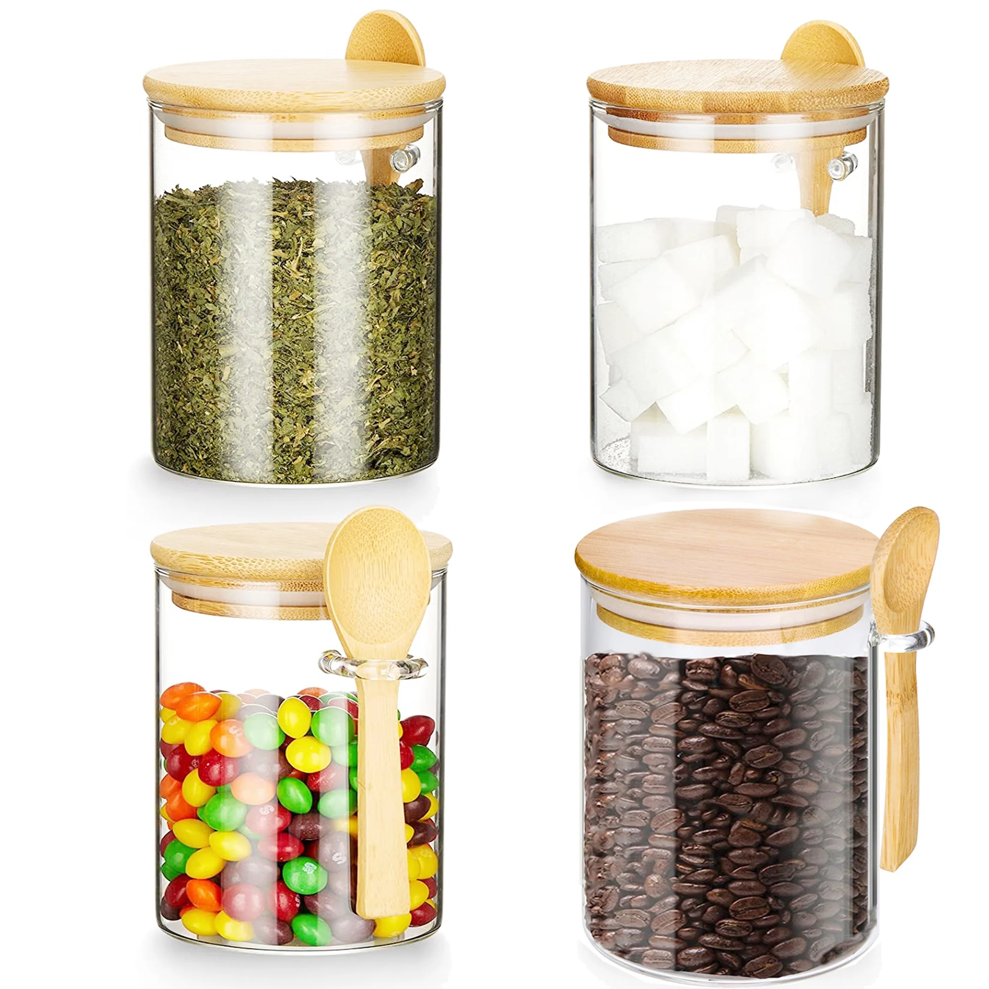 4Pack-16Oz Glass Jars Conisters with Airtigh Bamboo Lid and Spoon,Glass Food Storage Containers Kitchen Organization Jars