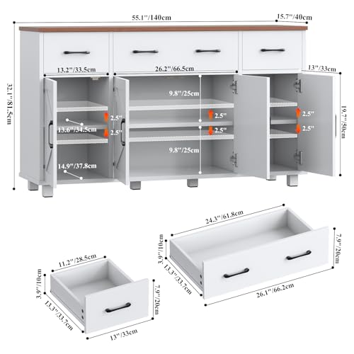 Hutch Storage Buffet Cabinet with Drawers, and Charging Station, Coffee Bar Cabinet with Barn Doors, Wine Rack and Hooks, Blue Wood Sideboard Buffet for Kitchen, Dining Room, 54.1