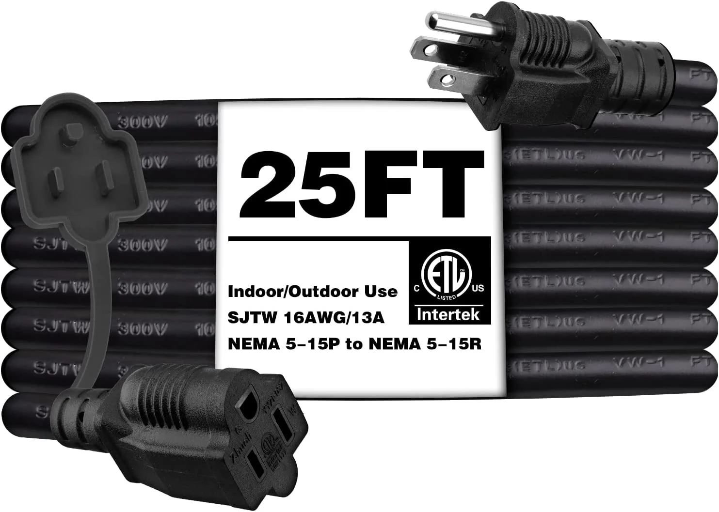 Kasonic 25 Feet Power Extension Cord Outlet, ETL Listed, SJTW 16AWG/13A 3 Prong Extension Cords with Protective Safety Cover, Indoor/Outdoor Use, 1 Pack