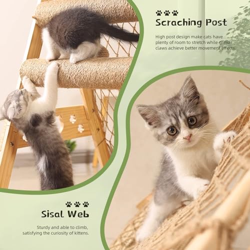 Cat Tower for Indoor Cats with Hammock Straching Post Climbing Web and Danging Sisal Ball, Cute Solid Wood Cat Tree