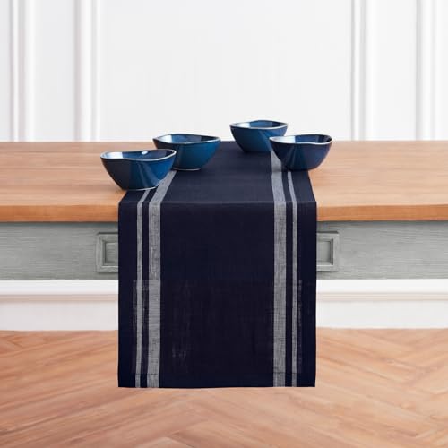 Solino Home Linen Table Runner 60 Inches - 100% Pure Linen Black and Natural French Stripe Table Runner 14 x 60 Inch Ideal for Dresser and Coffee Tables - Fall, Halloween, Thanksgiving, Holiday