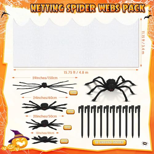 Halloween Decoration Outdoor 8 Pcs Giant Spider with 960 Sqft Stretchy Netting Spiderweb Set for Large Haunted Props Cobwebs Garden Yard Party (59, 24, 20, 12)(White,Black)