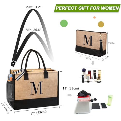 BeeGreen Mother's Day Gifts Personalized Women's Large White and Black Canvas Tote Bag, Embroidered Initials, Leather Handle, Zipper Closure