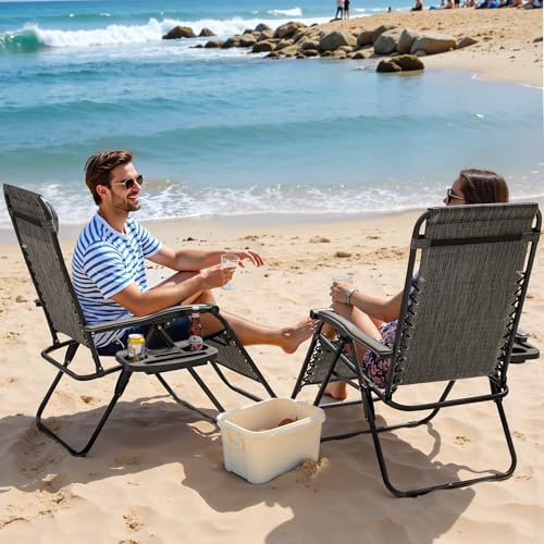 Greesum Zero Gravity Chairs Set of 2 Adjustable Steel Mesh Recliners Beach Deck Lawn Camping Patio Foldable Lounge Chair with Cup Holder Trays and Pillows,Brown