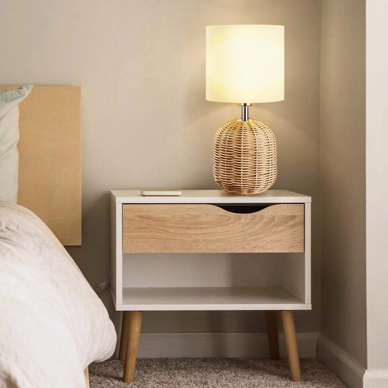 ArcoMead Casual Table Lamp, Weave Rattan Base with White Fabric Drum Shade Bedside Desk Nightstand Lamp for Living Room, College Bookcase, Country Cottage, Farmhouse, Natural E12