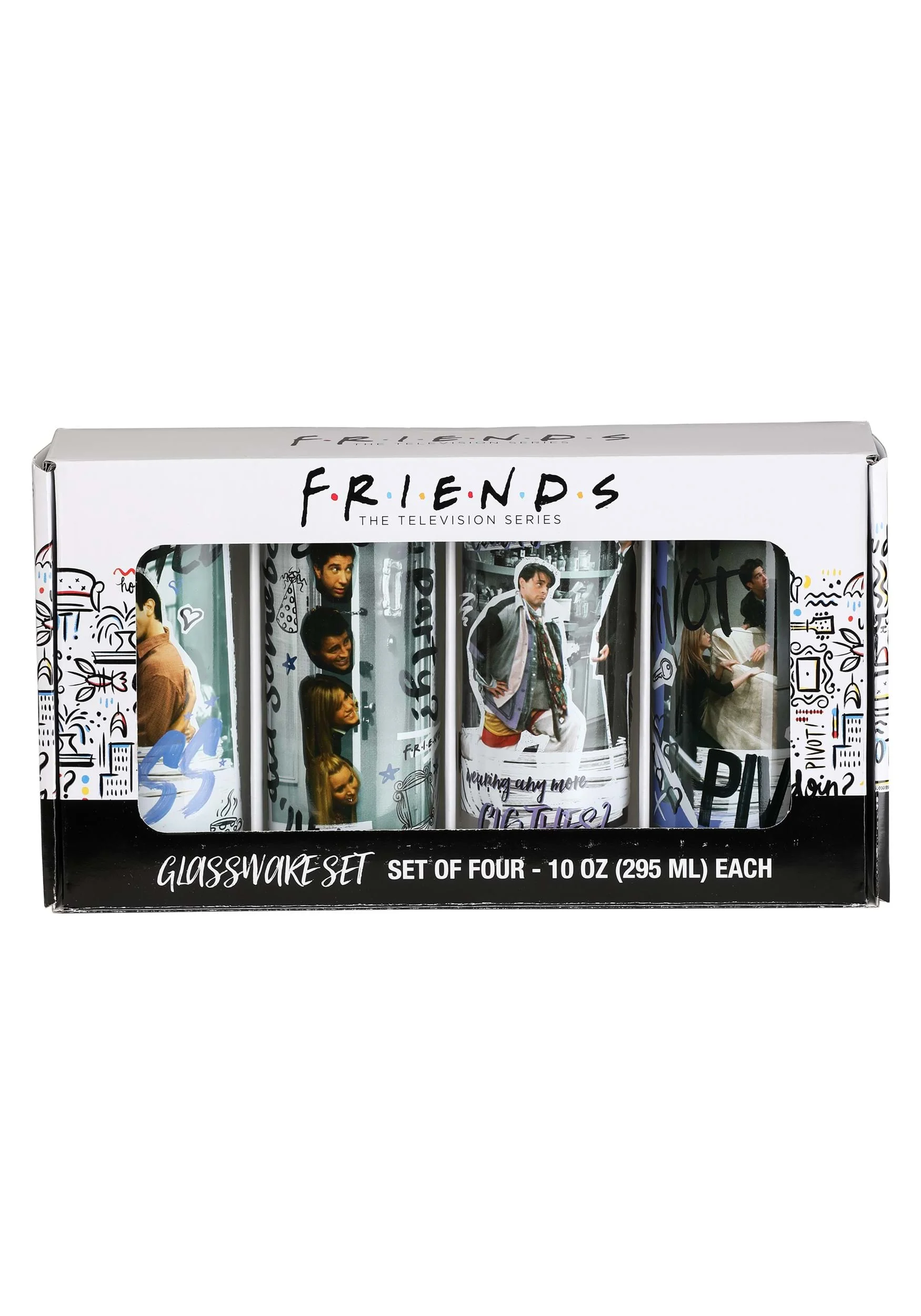 Friends Doodle Scene Quotes 4 pieces 10 ounces Glass Tumbler Set