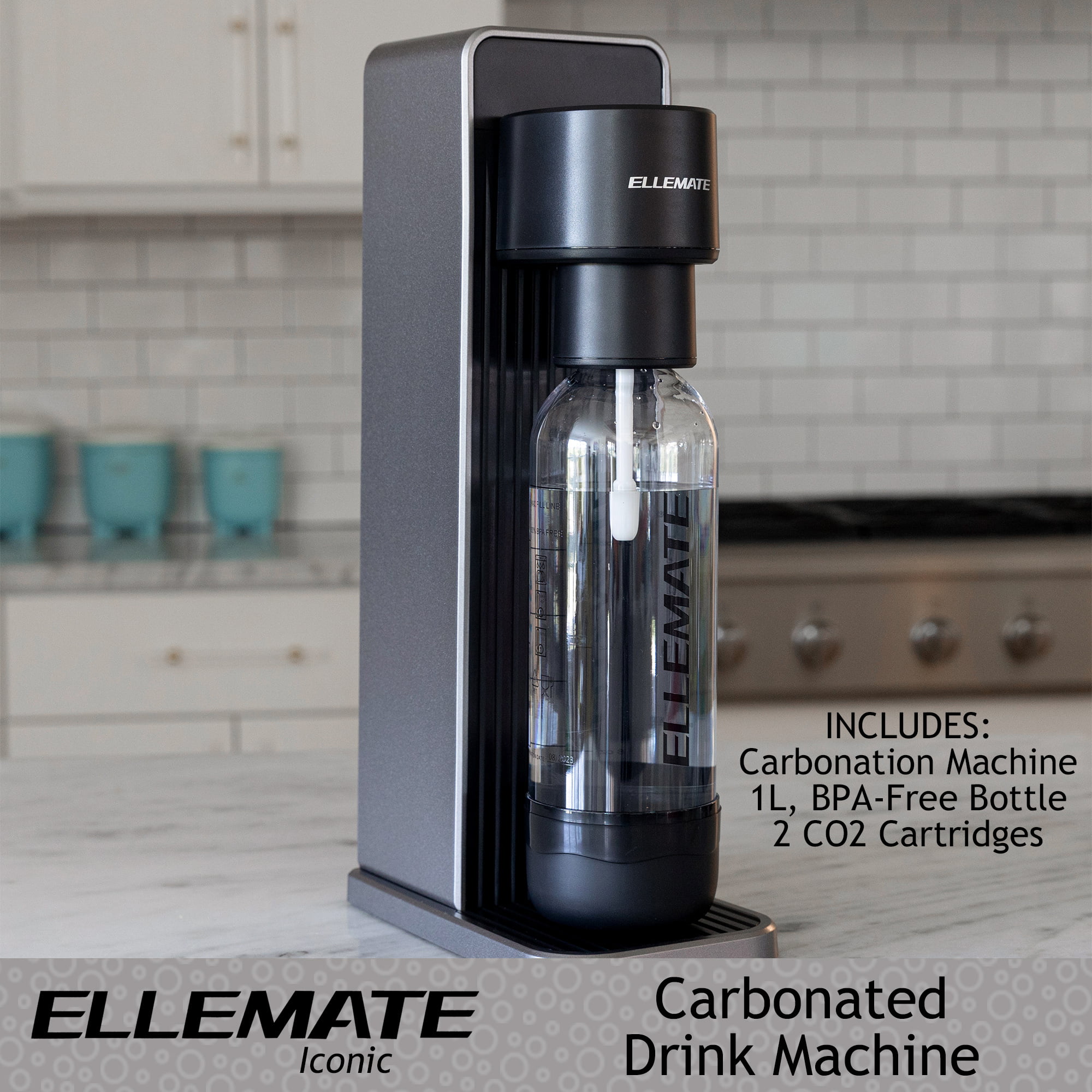 Ellemate Iconic Carbonated Drink Maker with 2 CO2 Cartridges; Fizz Soda, Water, Wine, Juice & More; One-Push Fizz Technology