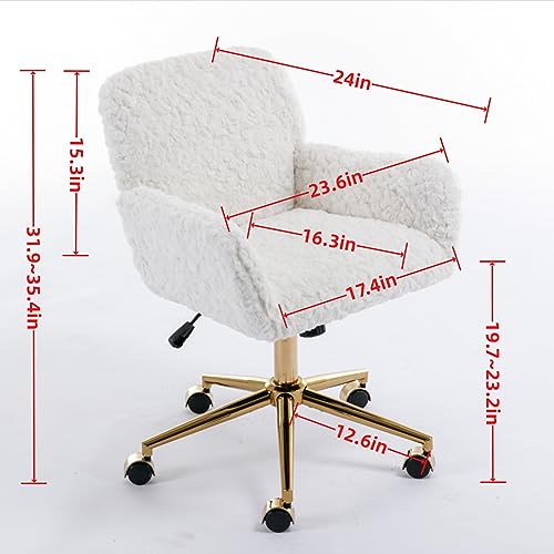 Modern Vanity Chair with Wheels, Faux Fur Office Desk Swivel Chair with Adjustable High & Golden Metal Base for Girls Bedroom, Small Spaces (Pink)
