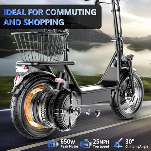 Electric Scooter with Seat for Adults, 500W Peak Motor Sit Down E Scooter with Basket/Box, 20-25 MPH and 20-30 Miles Long Range, 14