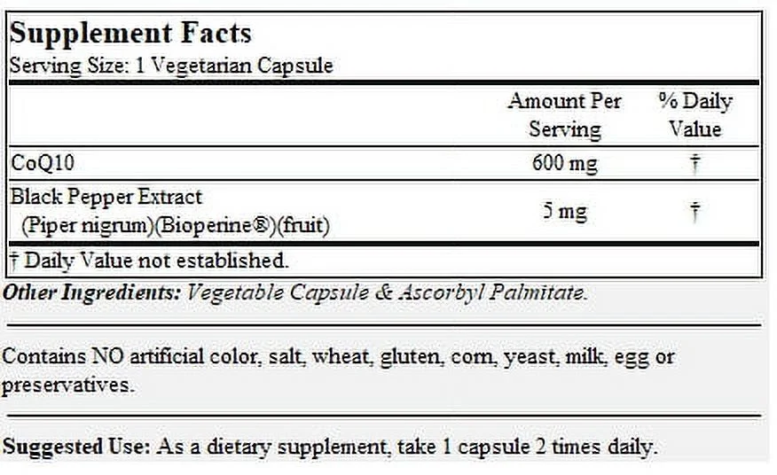 Coenzyme CoQ10 600mg with Bioperine (120 Vegetarian Capsules) (2-Pack) Naturally Fermented - No Stearates - No Fillers - Vegan - Non GMO - Gluten Free