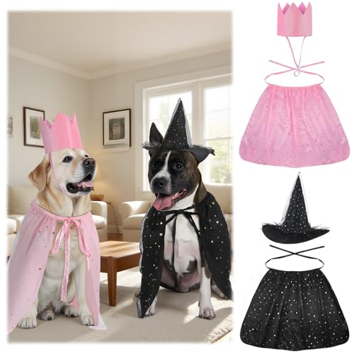4 Pcs Halloween Witch Pet Costume Witch Cloak, Hat and Crown Set Cats and Dog Pet Wizard Hat and Cloak Costume for Medium & Large Dogs Halloween Party Supplies