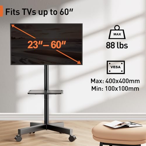 Perlegear Rolling TV Stand for 23-60 Inch LED Flat Screen/Curved TVs up to 88lbs,Mobile TV Stand Wheels with Height Adjustable Portable Rolling TV Cart Max VESA 400x400mm PGTVMC06