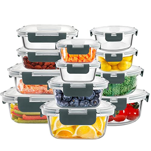 Glass Storage Containers with lids, 24pc Airtight Glass Bowls Set with Snap Locking Lids for Lunch, Food Storage, Meal Prep, Leftovers, Safe in Microwave, Freezer, Dishwasher