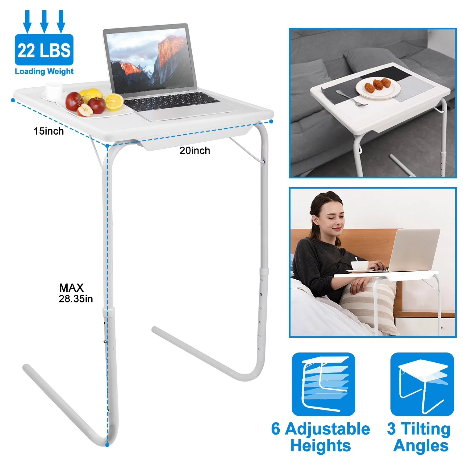 White Folding Snack TV Tray Table, iMounTEK TV Laptop Table- Adjustable Height & Angle Tray, 20