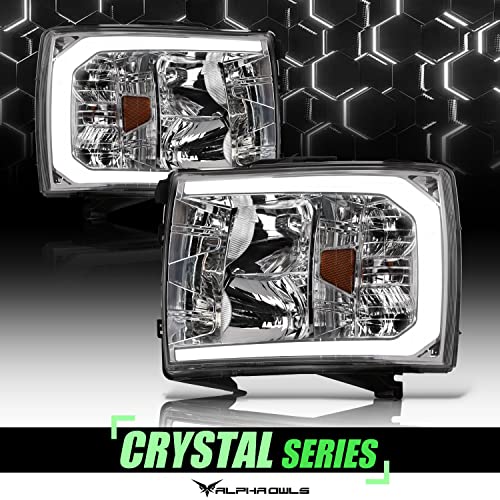 Alpha Owls 8712252 Crystal Headlights With Switchback Sequential LED Light Bar & Startup Light - Black Amber Fits 2007-2013 Chevy Silverado 1500/2007-2014 2500 3500 HD Halogen Models