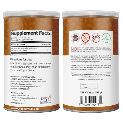 Organic Veda Ashwagandha Root Powder, 16oz - 100% Pure & Natural Ashwagandha Powder Supplement, Withania Somnifera - Improves Mood, Stamina, Support Immunity, Energy - Vegan, Non-GMO