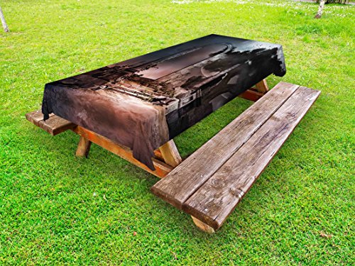 Lunarable Gothic Outdoor Tablecloth, Dark Night Scary Creepy Graveyard with Trees Full Moon Foggy Atmosphere, Decorative Washable Picnic Table Cloth, 58