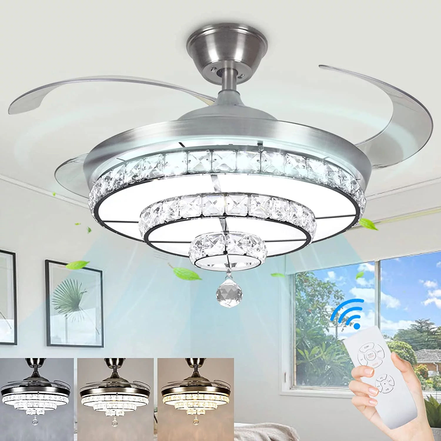 DingLiLighting Crystal Ceiling Fan with Light and Remote, LED Invisable Ceiling Fan Chandeliers, Low Profile Ceiling Fan for Bedroom, Dining Room, Color Changeable, 3-Blade,Silver