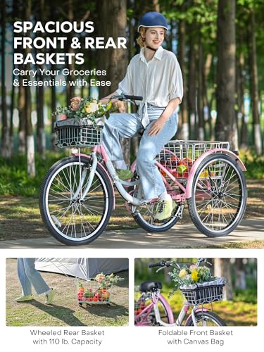 Viribus Adult Tricycle, 7 Speed Tricycle for Adults with Front & Rear Removable Wheeled Baskets, 3 Wheel Bikes for Adults Seniors Women Men, Trikes 400lb. 24 26 inch