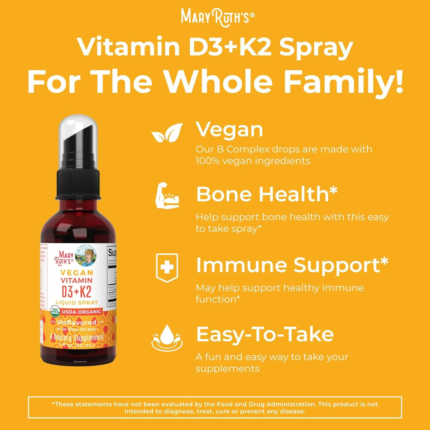 MaryRuth Organics Vitamin D3+K2 Spray | K2 D3 Vitamin Liquid Supplement for Adults & Kids | Vegan | Non-GMO | Gluten Free | 1 fl oz