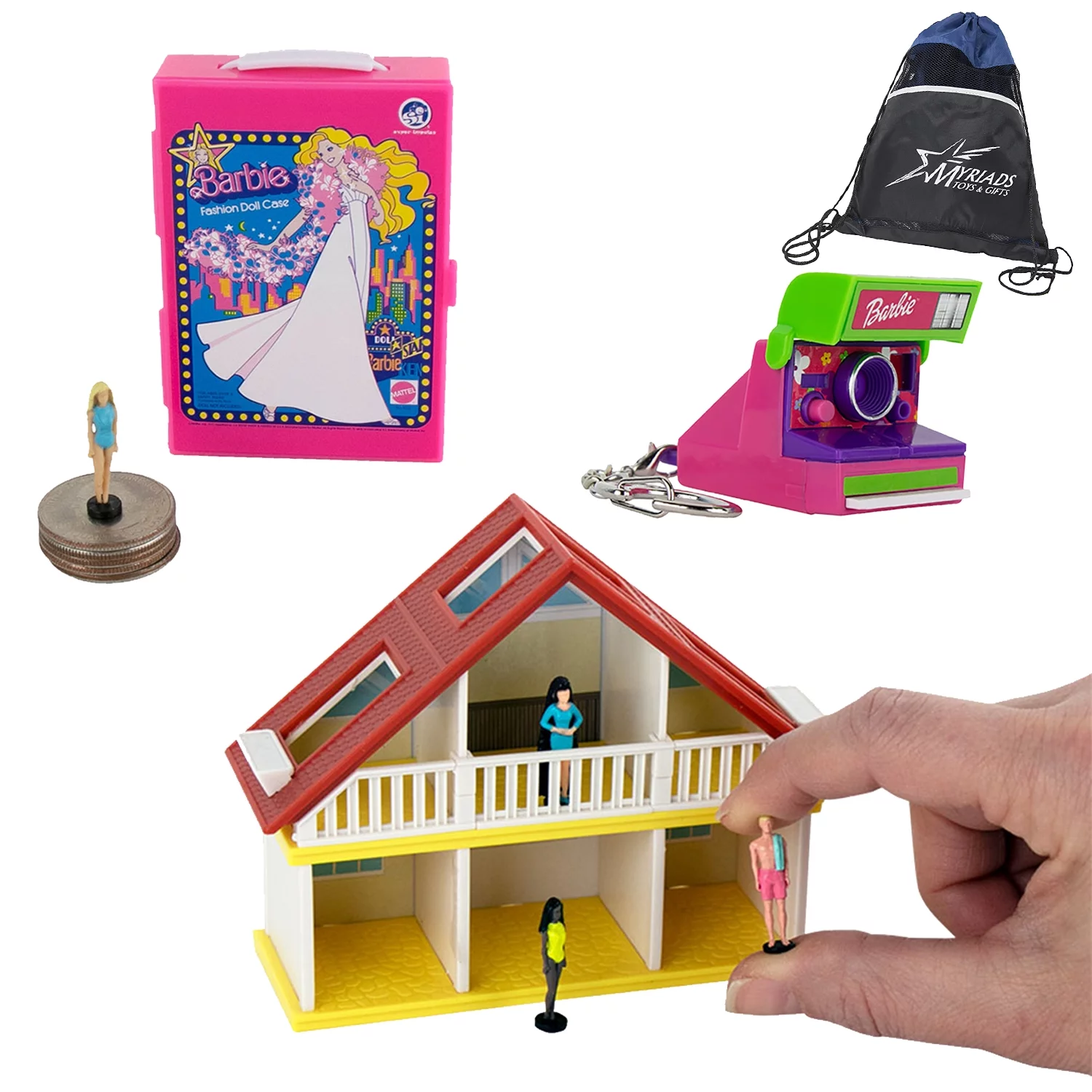 Super Impulse World's Smallest Barbie Bundle: Barbie's Malibu Dreamhouse, Barbie Fashion Case, and Barbie Polaroid Camera with Exclusive Drawstring Bag