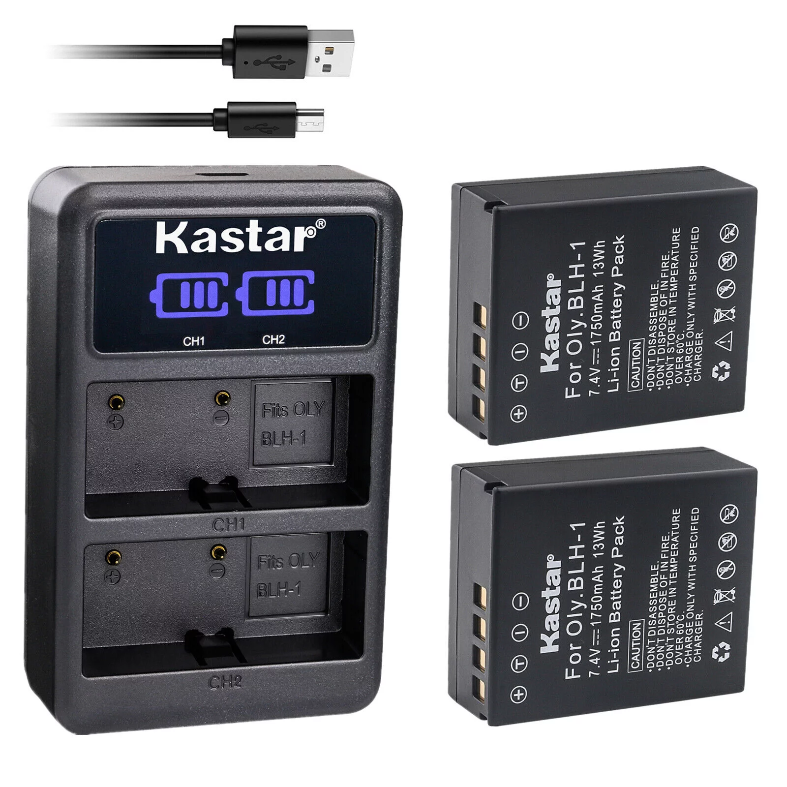 Kastar 2-Pack BLH-1 Battery and LED2 USB Charger Compatible with Olympus BLH-1, BLH1, BLH-01, PS-BLH1 Battery, Olympus BCH-1 BCH1 Charger, Olympus HLD-9 Power Battery Grip