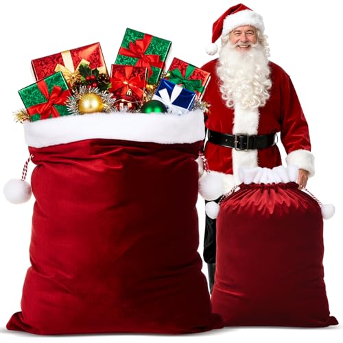 SilTriangle 2 Pcs 50 x 30 Inch Jumbo Christmas Velvet Santa Bags with Drawstring 20 x 16 Inch Santa Sacks Christmas Gift Presents Bag in 2 Size for Xmas Holiday Costume Party Favor Supplies(Red)