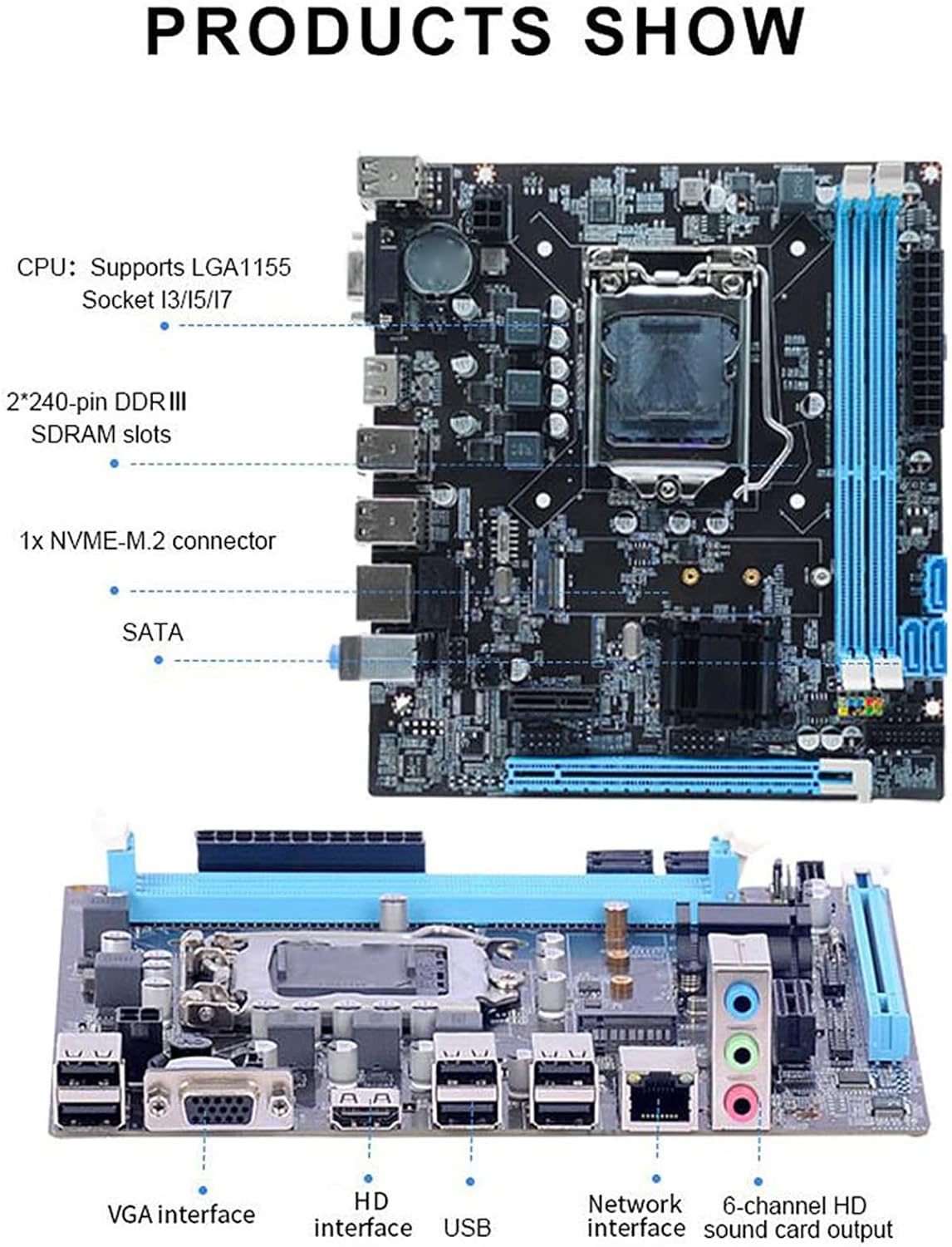 Micro ATX Motherboard, LGA 1155 CPU Slot, Dual Channel DDR3, M.2 NVMe NGFF, HD VGA Output, 3 Phase Power