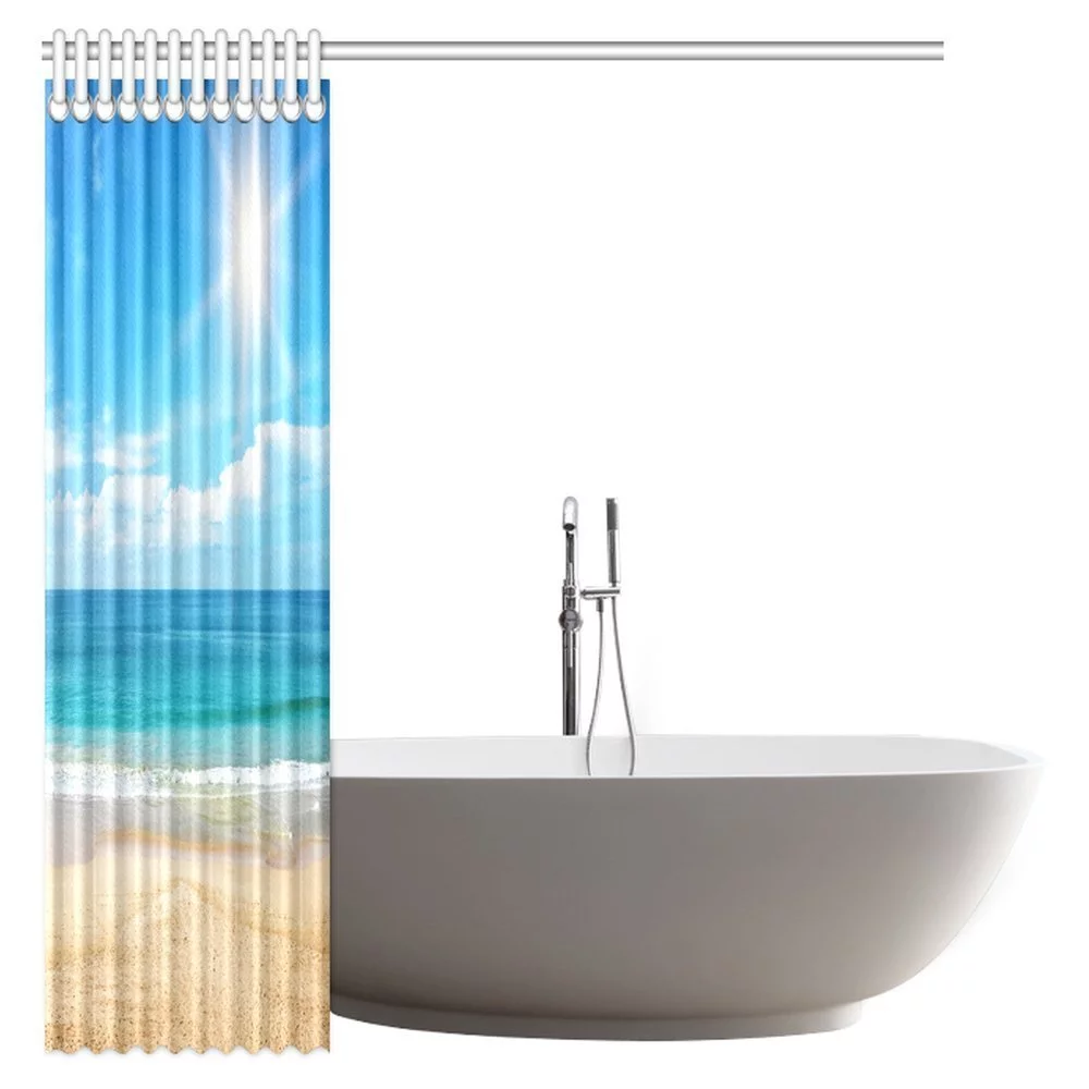 MYPOP Nautical Coastal Seascape Ocean Decor Shower Curtain, Colorful Summer Beach Sand in Hawaiian Sunset Seashore Clear Sky Bathroom Set with Hooks, 66 X 72 Inches