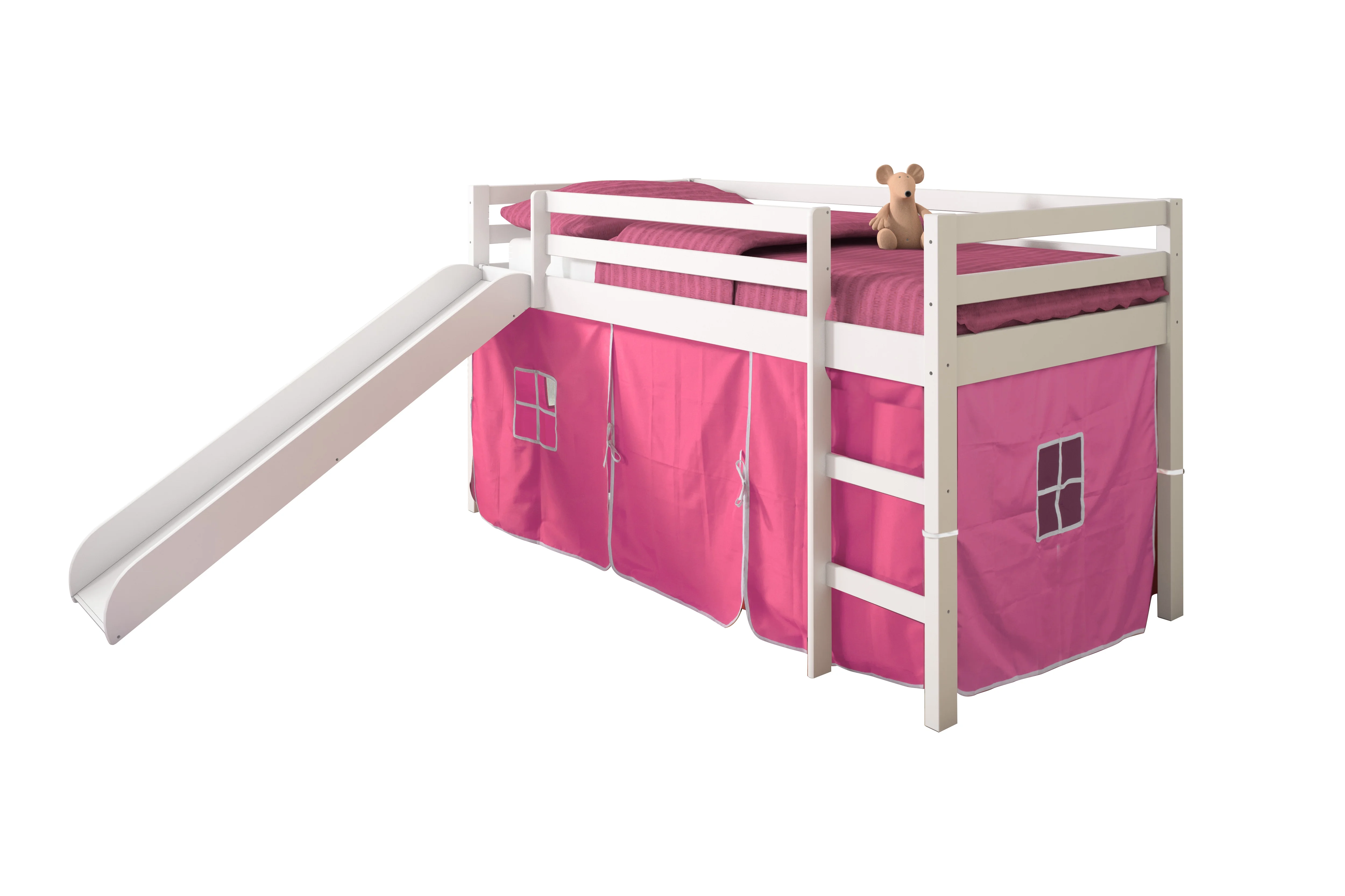 Donco Kids Twin Loft Bed with Pink Tent and Slide, White