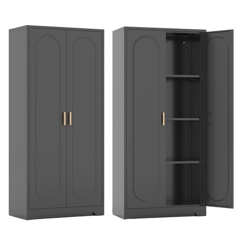 Kitchen Pantry Cabinet,71”Black Metal Pantry Storage Cabinet with Doors and 4 Adjustable Shelves,Kitchen Cabinet with 2 Gold Handles,Tall Cabinet for Livingroom,Pantry, Bathroom