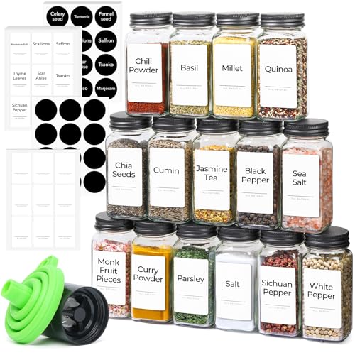 ComSaf 24Pcs 4oz Glass Spice Jars with Metal Lids, 93 Labels, a Handy Funnel, a Pepper Grinder, Shaker Cap, Empty Spice Containers and Square Spice Bottles for Kitchen and Seasoning