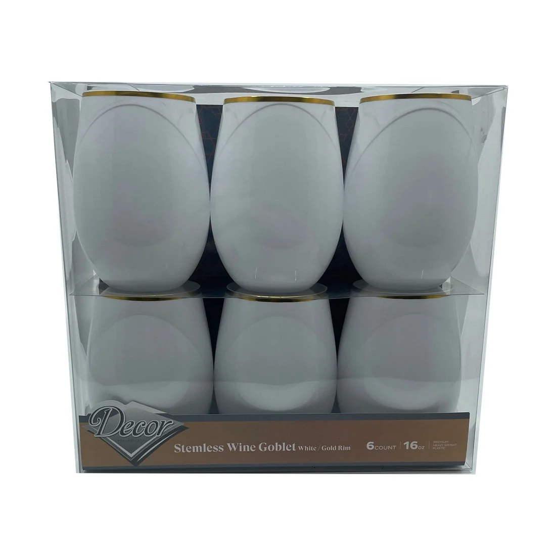 VEZEE Stemless Plastic Wine Goblet 16 oz White / Gold Rim Pack of 24